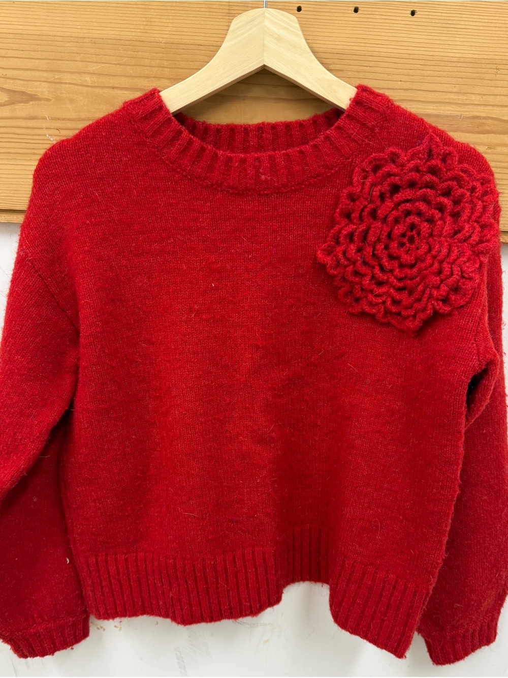 Francesca's Collections Red Crewneck Sweater with Knit Flower Appliqué